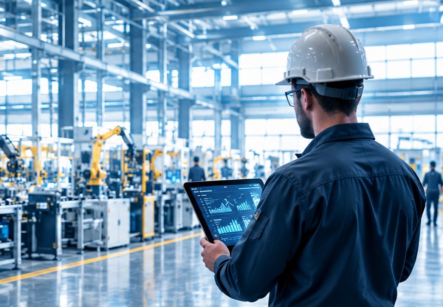 Un tecnico consulta i dati di produzione su un tablet davanti a una linea robotizzata