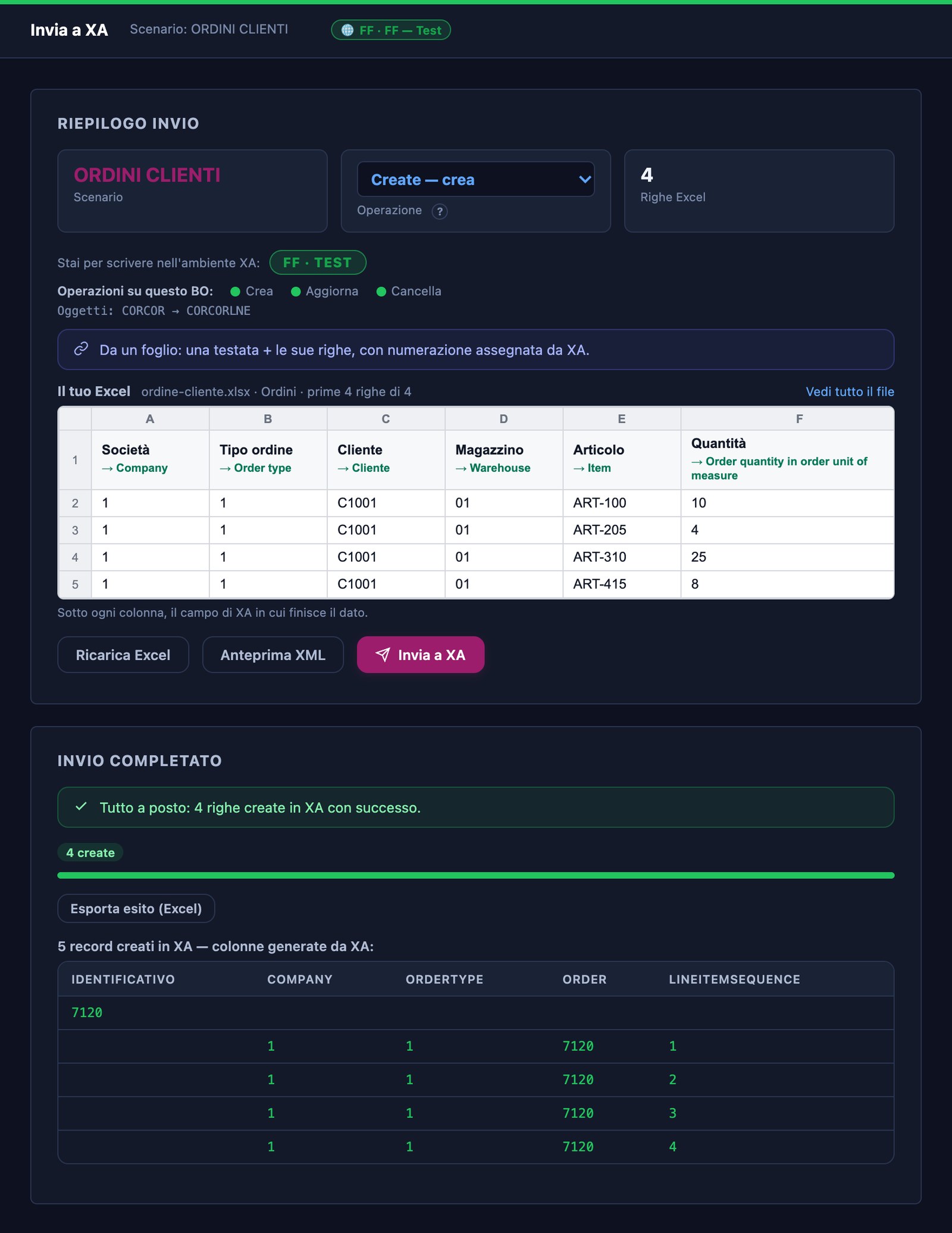 TwgLayer: l'anteprima del foglio Excel con sotto ogni colonna il campo di XA, e l'esito dell'invio con quattro righe create
