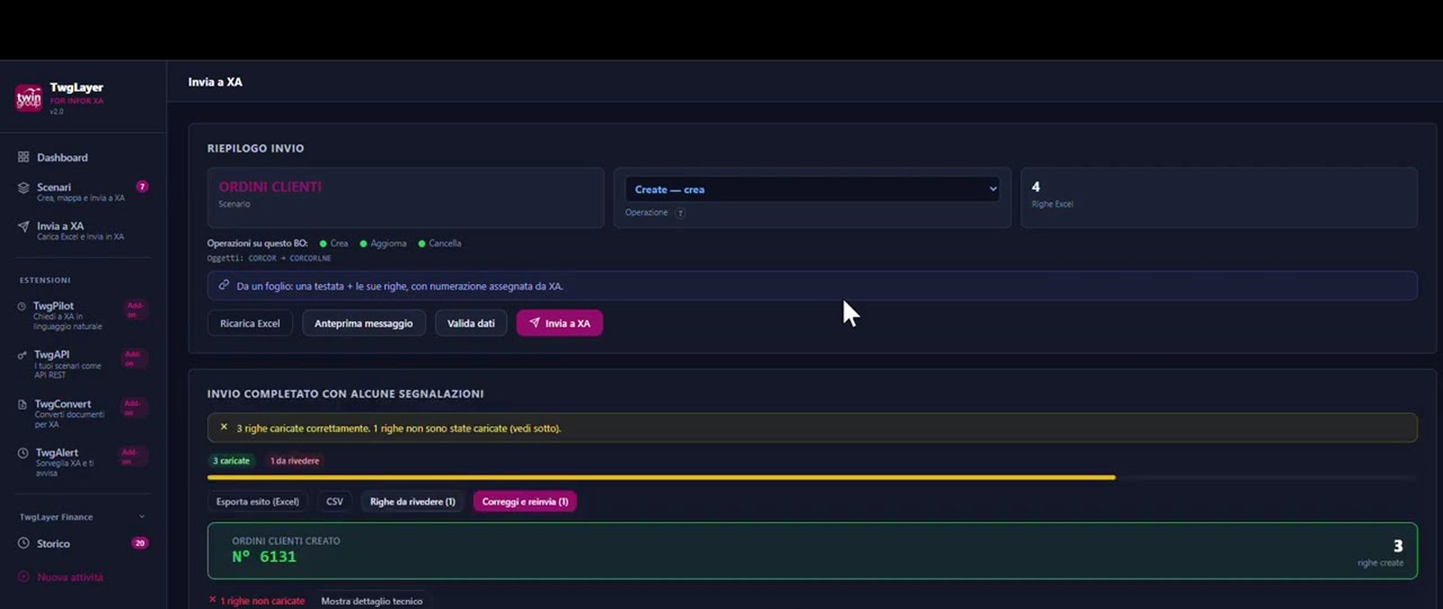 TwgLayer: invio di uno scenario Ordini Clienti a Infor XA, con l'esito riga per riga